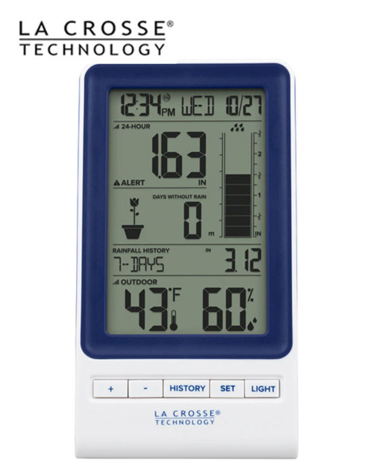 La Crosse Digital Rain Gauge with Indoor/Outdoor Temperature & Backlight 724-1415BL