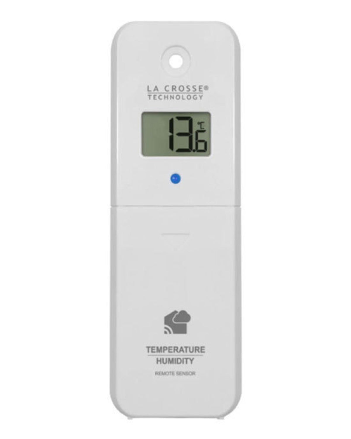 White La Crosse temperature and humidity remote sensor with LCD reading 13.6 degrees Celsius