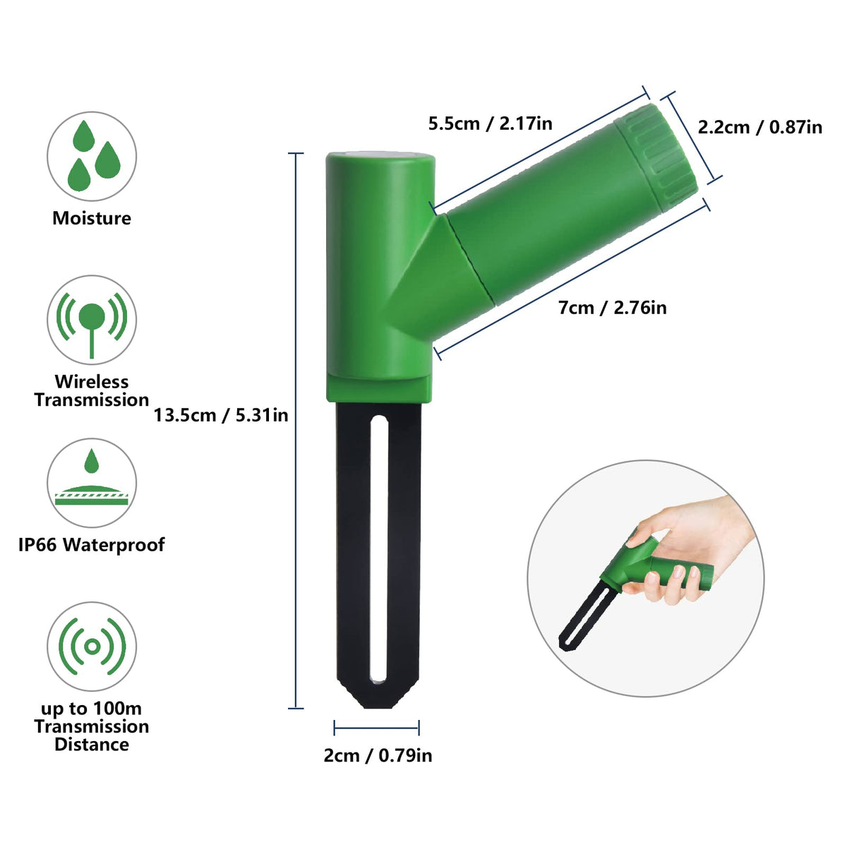 Ecowitt WH51 dimension diagram showing 13.5 cm height, 2 cm probe width, 7 cm body, 5.5 cm upper tube and 2.2 cm cap, with moisture, wireless, IP66 and 100 m range icons