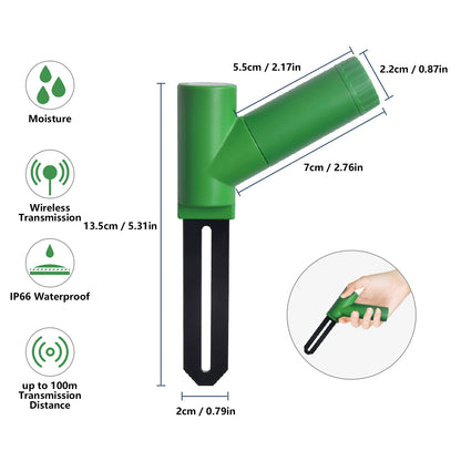 Ecowitt WH51 dimension diagram showing 13.5 cm height, 2 cm probe width, 7 cm body, 5.5 cm upper tube and 2.2 cm cap, with moisture, wireless, IP66 and 100 m range icons