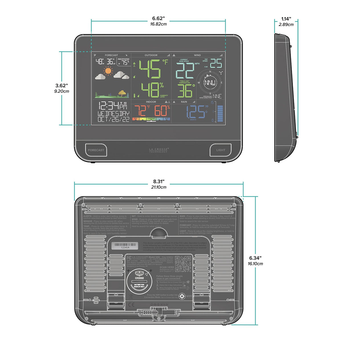 La Crosse weather console dimension diagram with front side and rear views