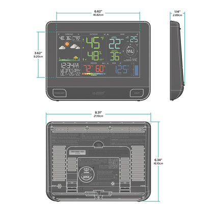 La Crosse weather console dimension diagram with front side and rear views