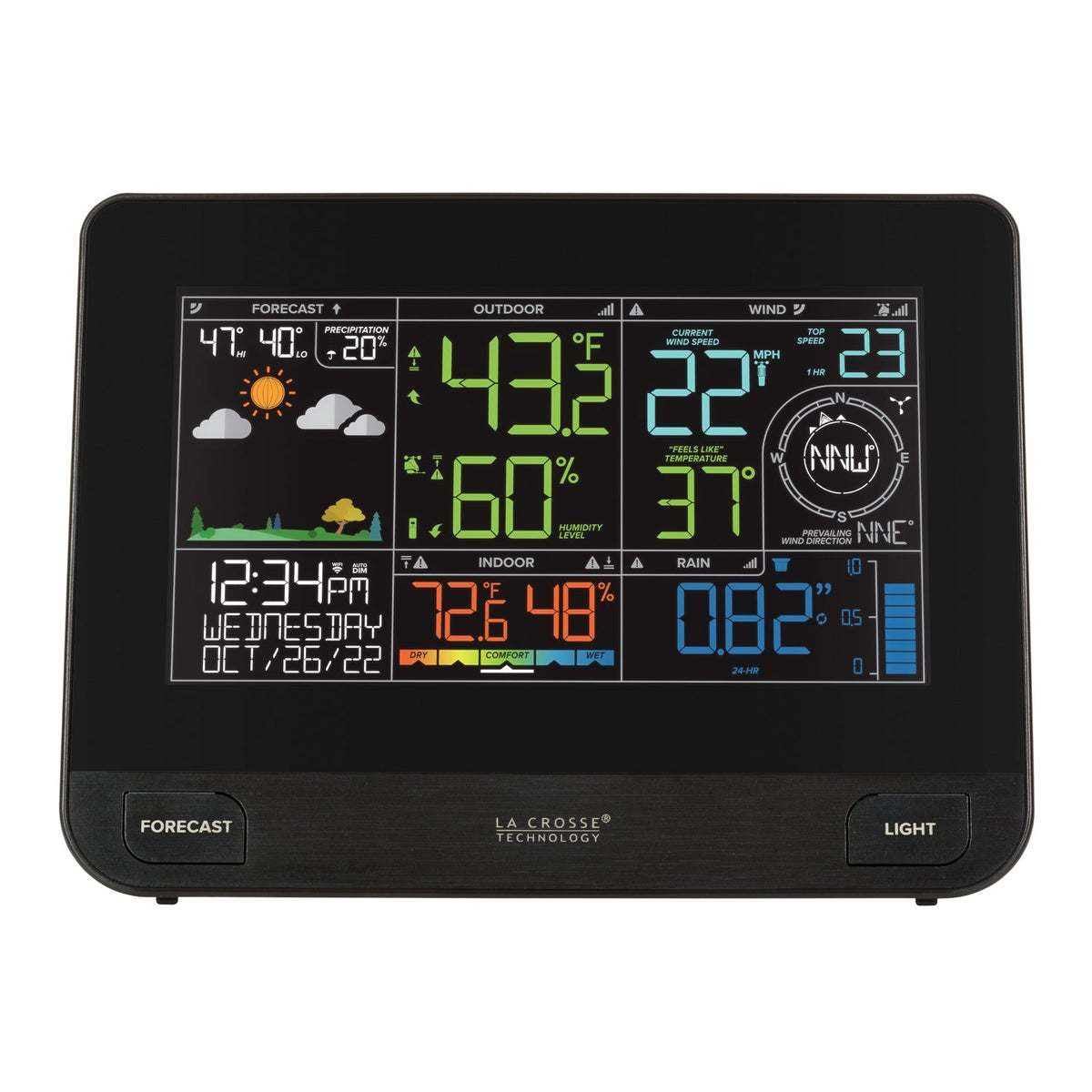 La Crosse colour display console showing forecast temperature wind rain and humidity readings