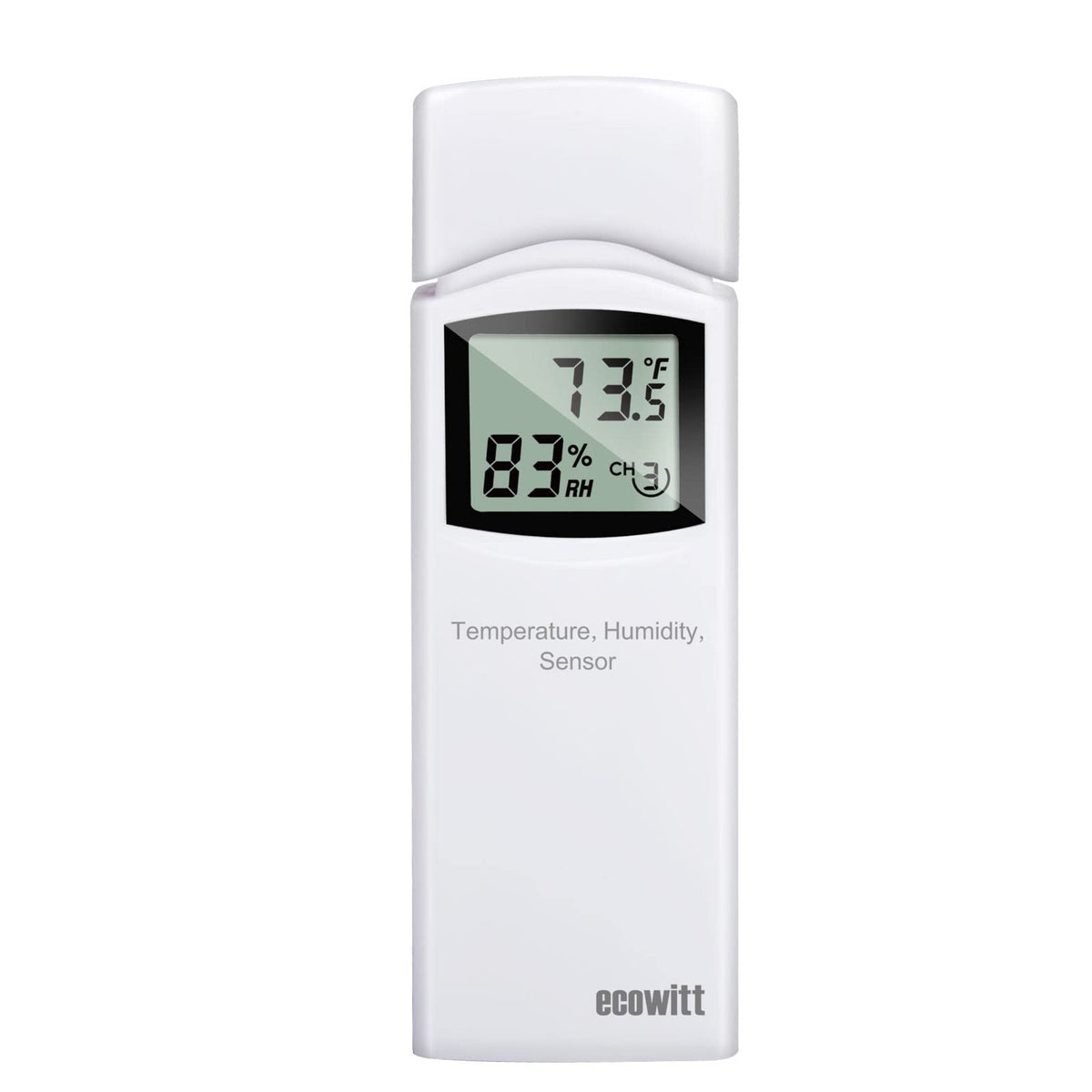 White Ecowitt WN31 temperature and humidity sensor with LCD showing 73.5 degrees Fahrenheit, 83 percent relative humidity and channel 3