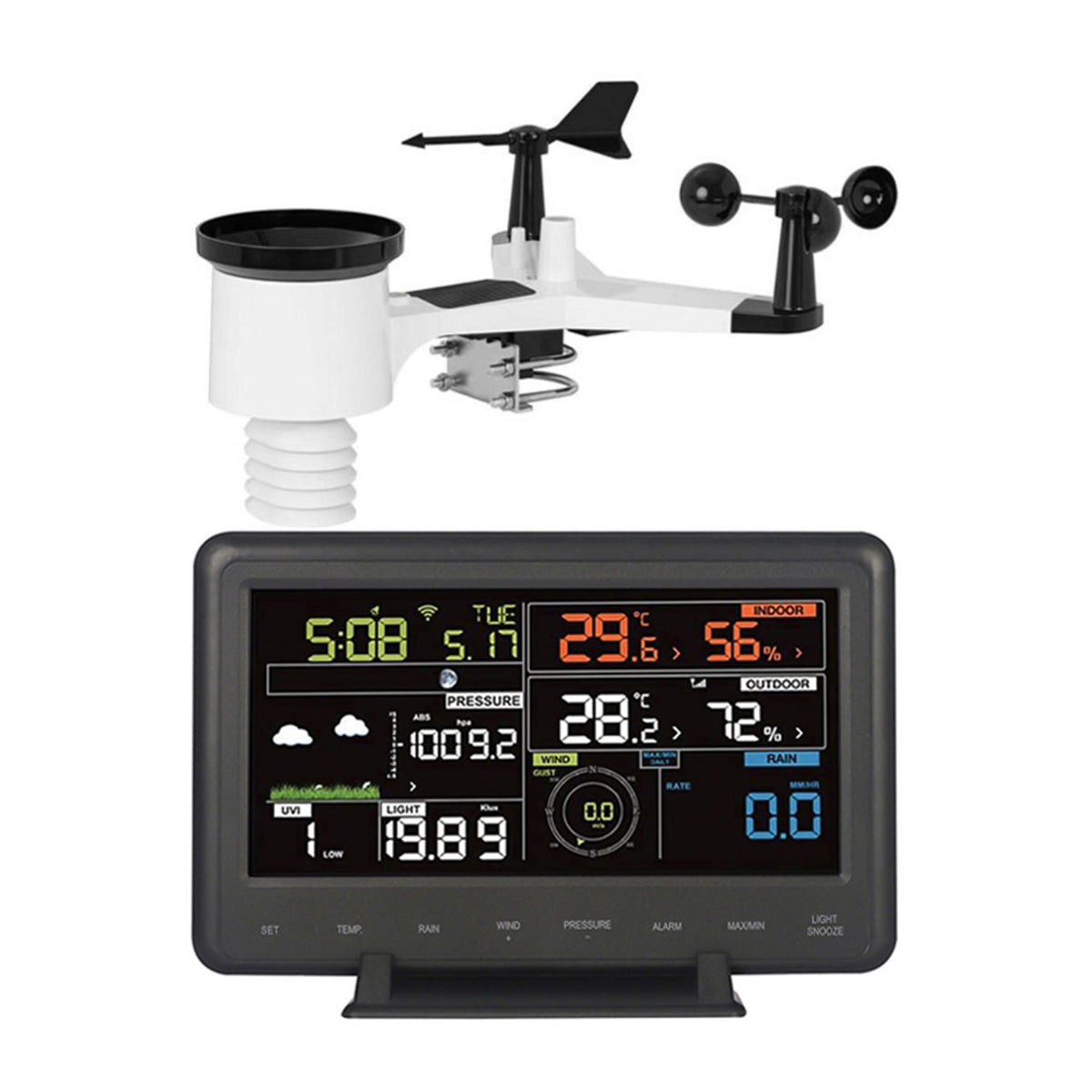 Outdoor weather sensor array with rain gauge wind vane anemometer and colour display console