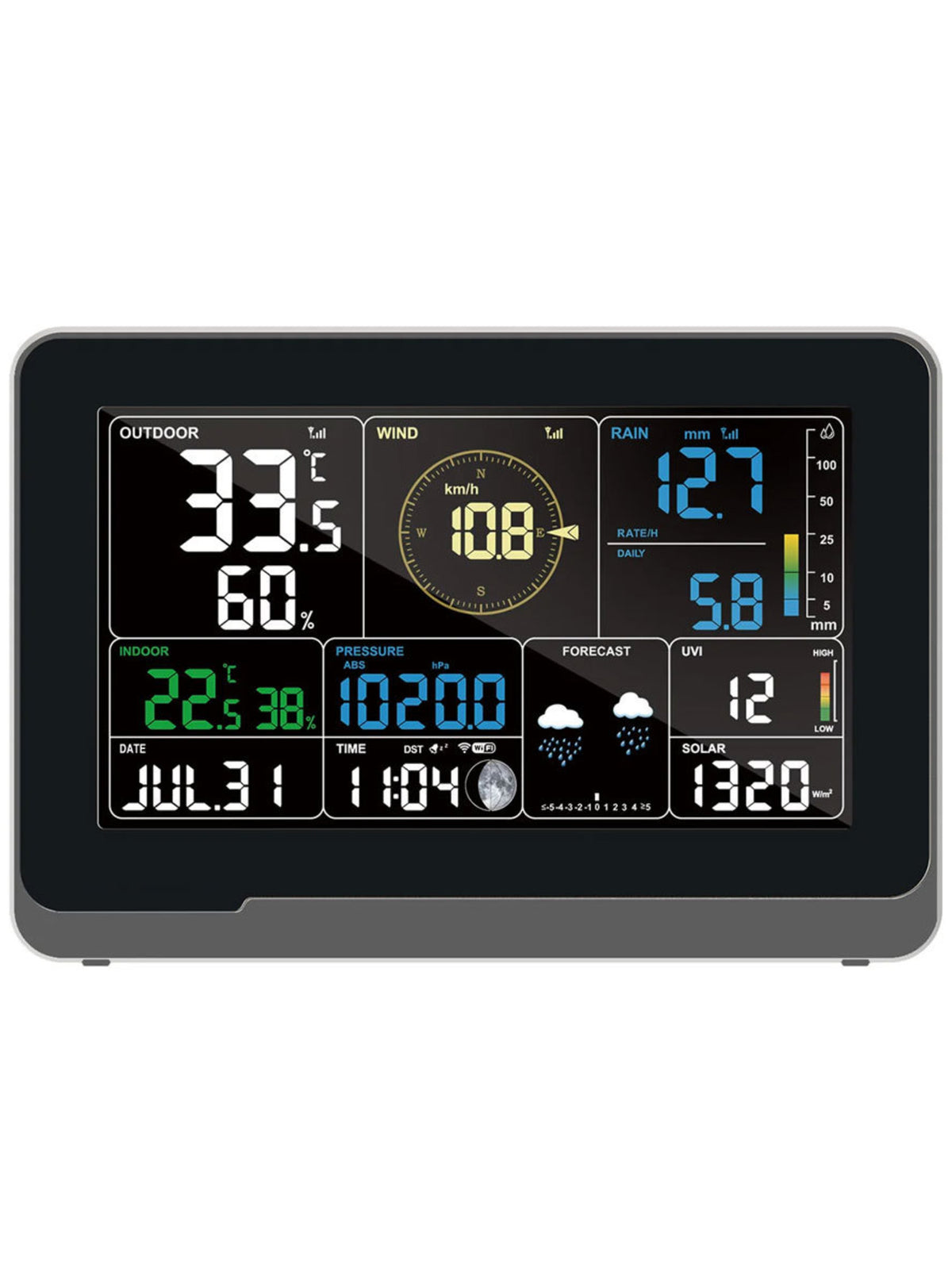Ecowitt colour display console showing temperature wind rain forecast UV and solar readings