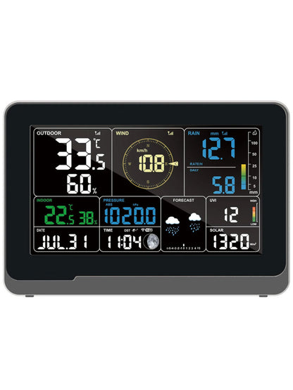 Ecowitt colour display console showing temperature wind rain forecast UV and solar readings