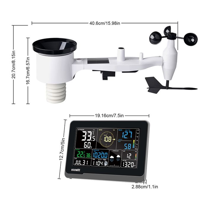Ecowitt dimension diagram for the outdoor sensor array and colour display console
