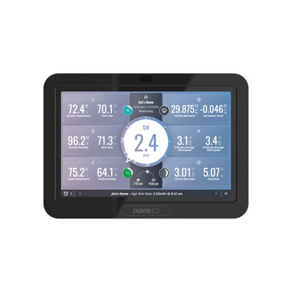 Front view of a black Davis weather console displaying temperature, humidity, wind, rain and barometric readings