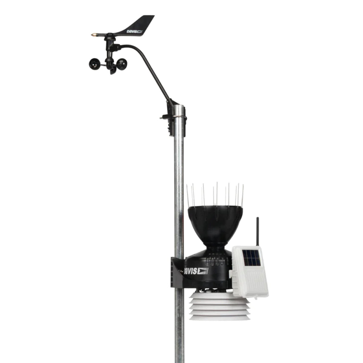 Davis outdoor weather station mounted on a metal pole with wind vane, cup anemometer, rain collector, solar panel and radiation shield