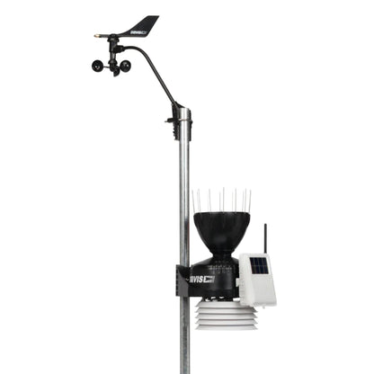 Davis outdoor weather station mounted on a metal pole with wind vane, cup anemometer, rain collector, solar panel and radiation shield