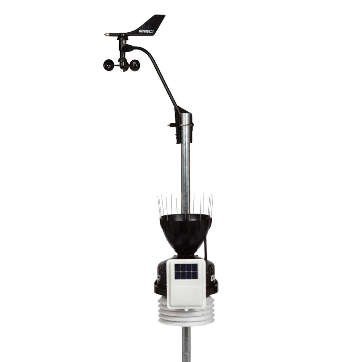 Front and rear views of a Davis outdoor weather station with wind sensors, rain collector, solar panel and radiation shield mounted on poles