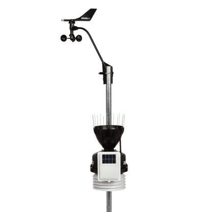 Front and rear views of a Davis outdoor weather station with wind sensors, rain collector, solar panel and radiation shield mounted on poles