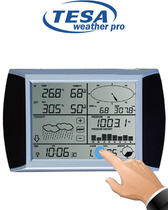 Tesa WS1081 touchscreen weather station console displaying temperature, humidity, wind, rain, pressure and forecast data with a hand pressing the screen