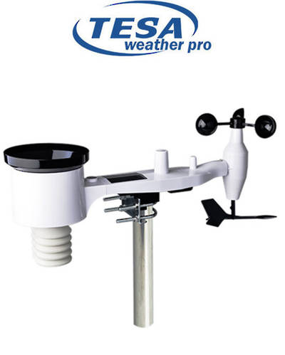 White Tesa WS1081 outdoor sensor array with rain gauge, solar panel, wind vane and cup anemometer on a mounting mast