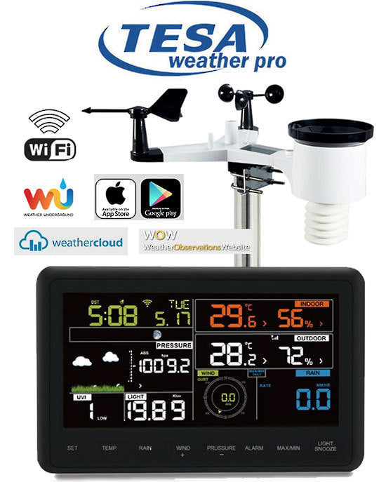 TESA Weather Pro graphic with outdoor sensor colour console WiFi and weather service logos