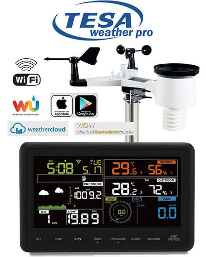 TESA Weather Pro graphic with outdoor sensor colour console WiFi and weather service logos