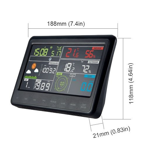 Colour weather display console shown at an angle with width height and depth measurements